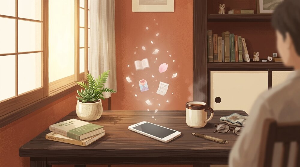 窓辺の机、スマートフォンから本のページや桜の花びら、お告げの札、レシートのようなモチーフが浮かび上がる様子